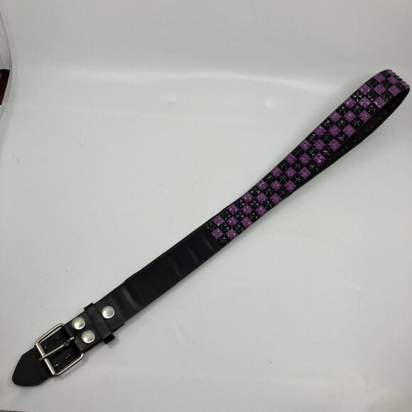 Y2K Studded Belt Checkered Checkerboard Purple Black Leather Emo Goth - Picture 3 of 7